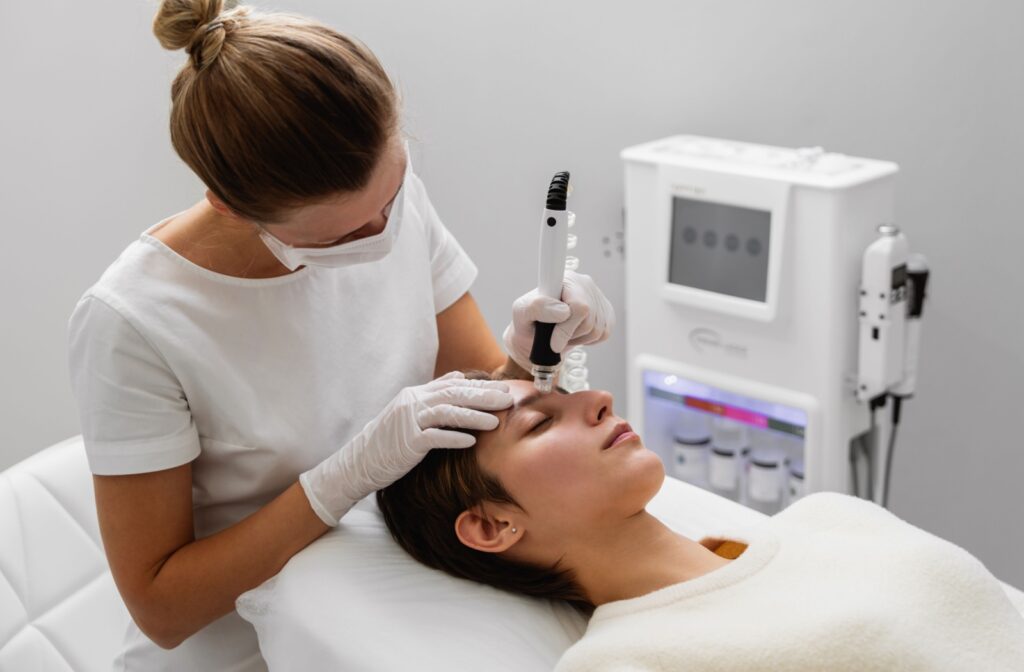 A patient undergoes RF microneedling treatment from a trained dermatologist in a clean, white room