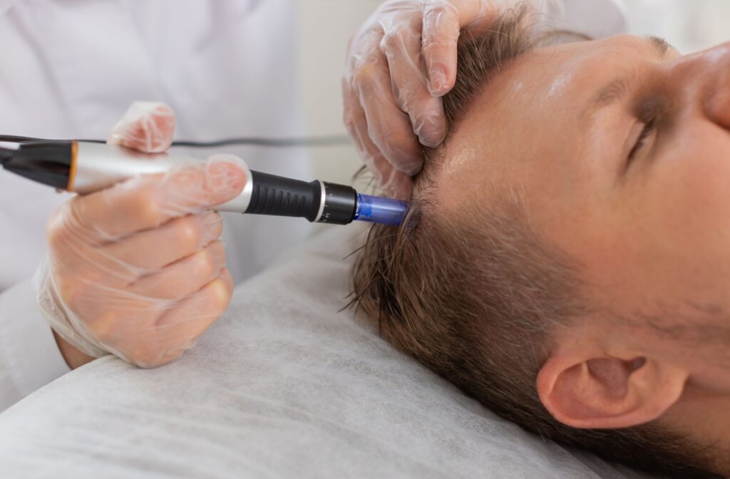 A medical cosmetic professional assisting a man with exosomes therapy to help with hair regeneration.