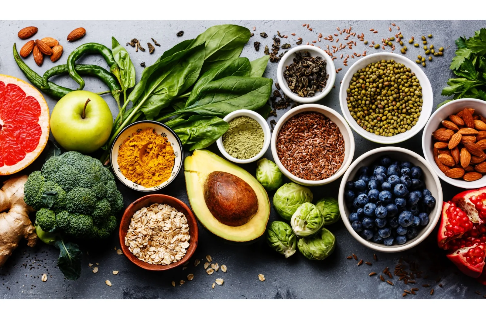 Various fruits and vegetables laid out.